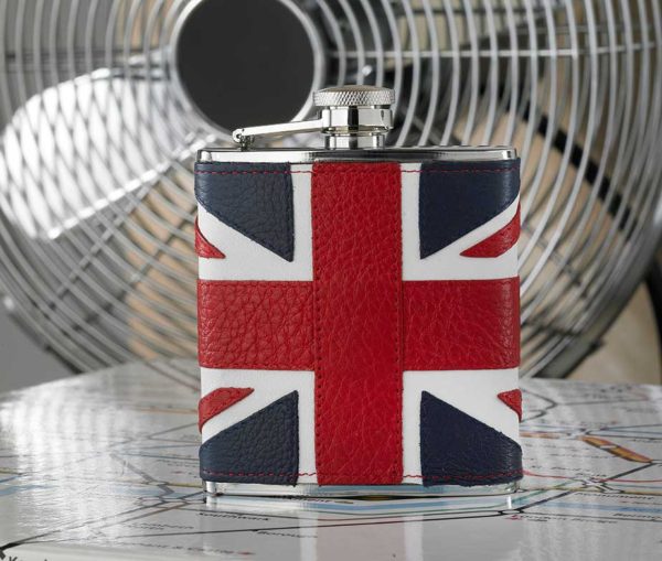 Luxurious Leather Union Jack Hip Flask with presentation gift box
