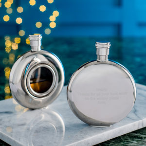 Round Window Hip Flask with Presentation Box, FREE ENGRAVING & Personalisation. Personalised Hip Flask.