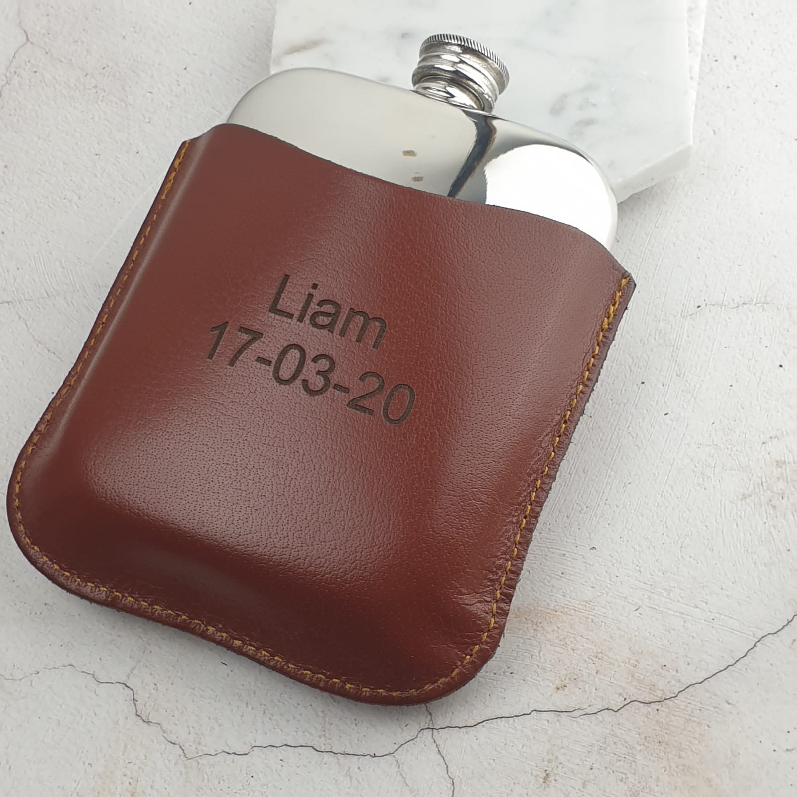 6oz Brown Leather Hip Flask with Free Personalization 