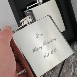 Personalised 5oz engraved hip flask available in polished or satin finish. A classic stainless steel gift for birthdays, weddings, stag dos or Father’s Day.